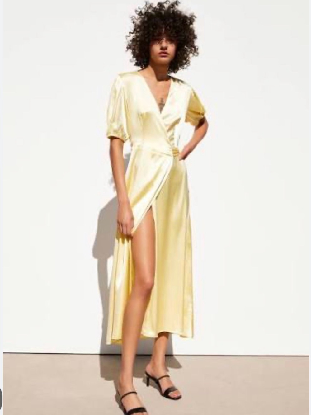 Zara Pale Yellow Satin Midi Wrap Dress
